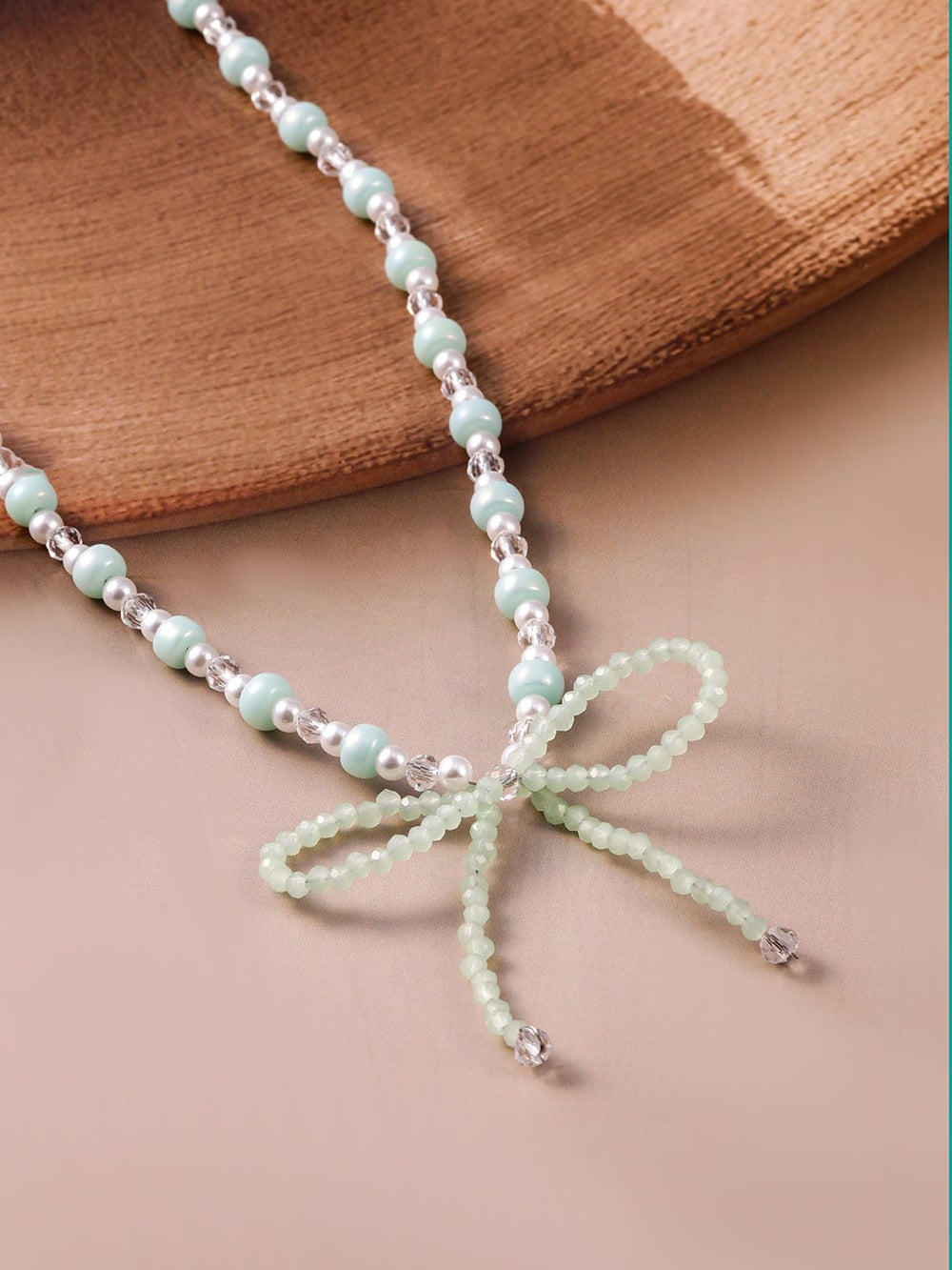 Rhodium Plated Aqua Green & White Beaded Necklace with Mint Green Bow Pendant Necklace and Chains