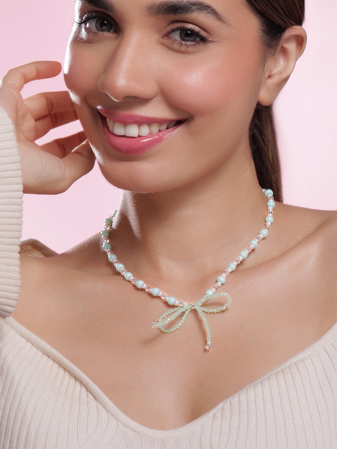 Rhodium Plated Aqua Green & White Beaded Necklace with Mint Green Bow Pendant Necklace and Chains