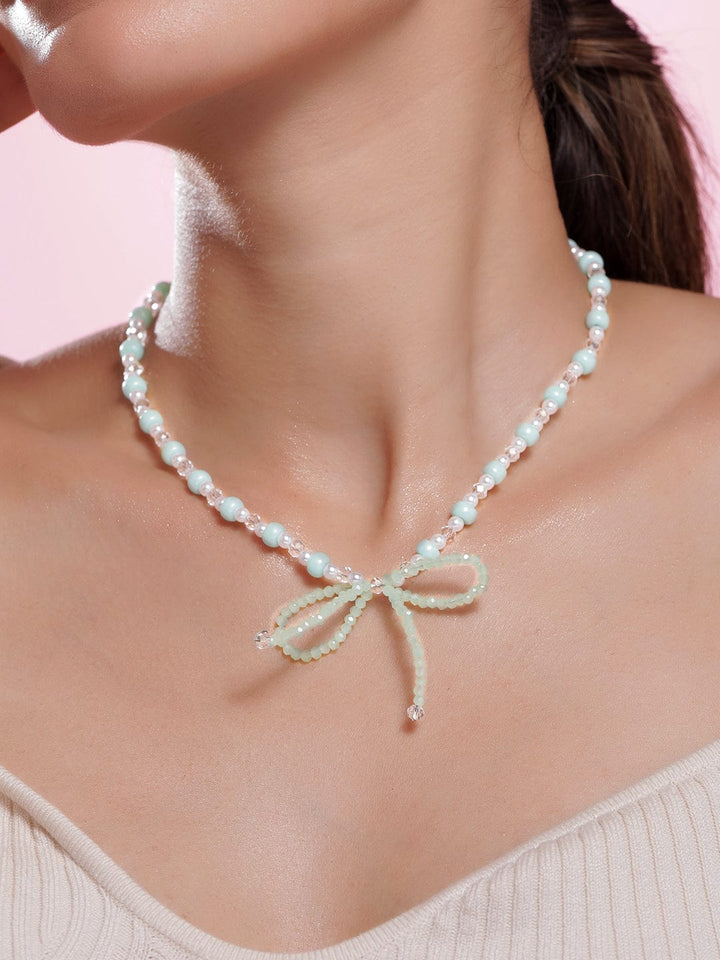 Rhodium Plated Aqua Green & White Beaded Necklace with Mint Green Bow Pendant Necklace and Chains