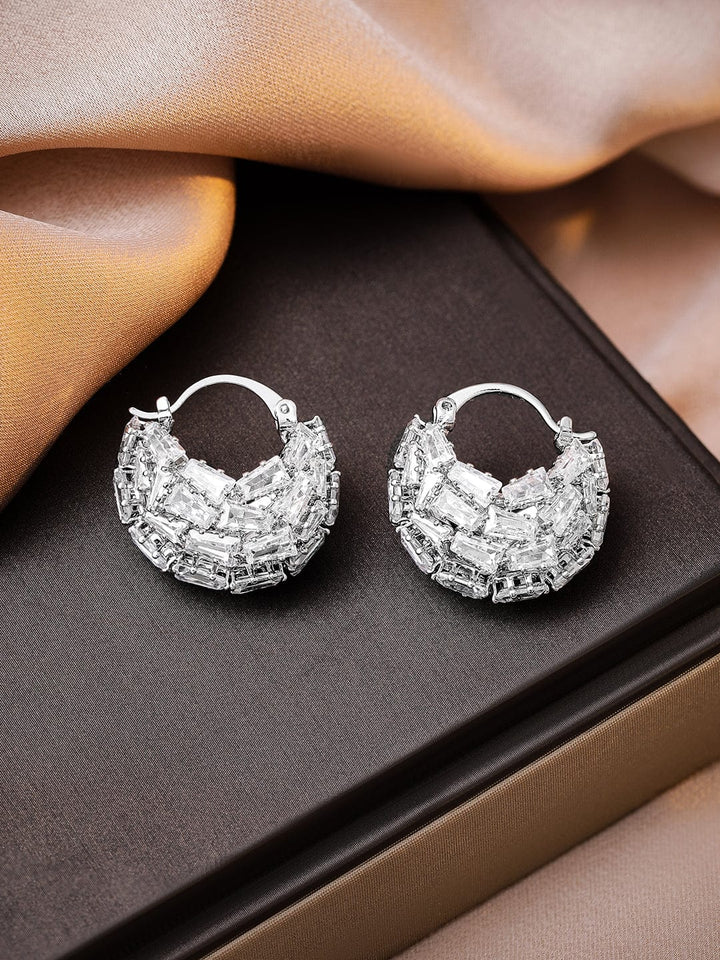 Rhodium Plated Baguette-Cut Cubic Zirconia Studded Cluster Hoop Earrings Hoop Earrings