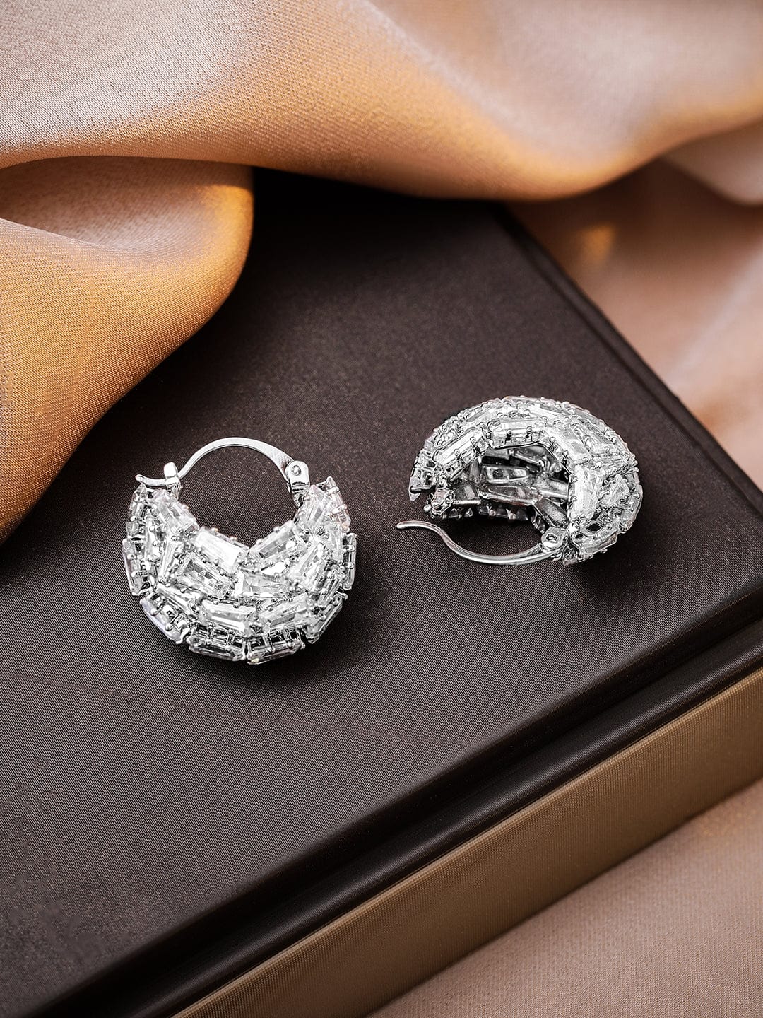 Rhodium Plated Baguette-Cut Cubic Zirconia Studded Cluster Hoop Earrings Hoop Earrings