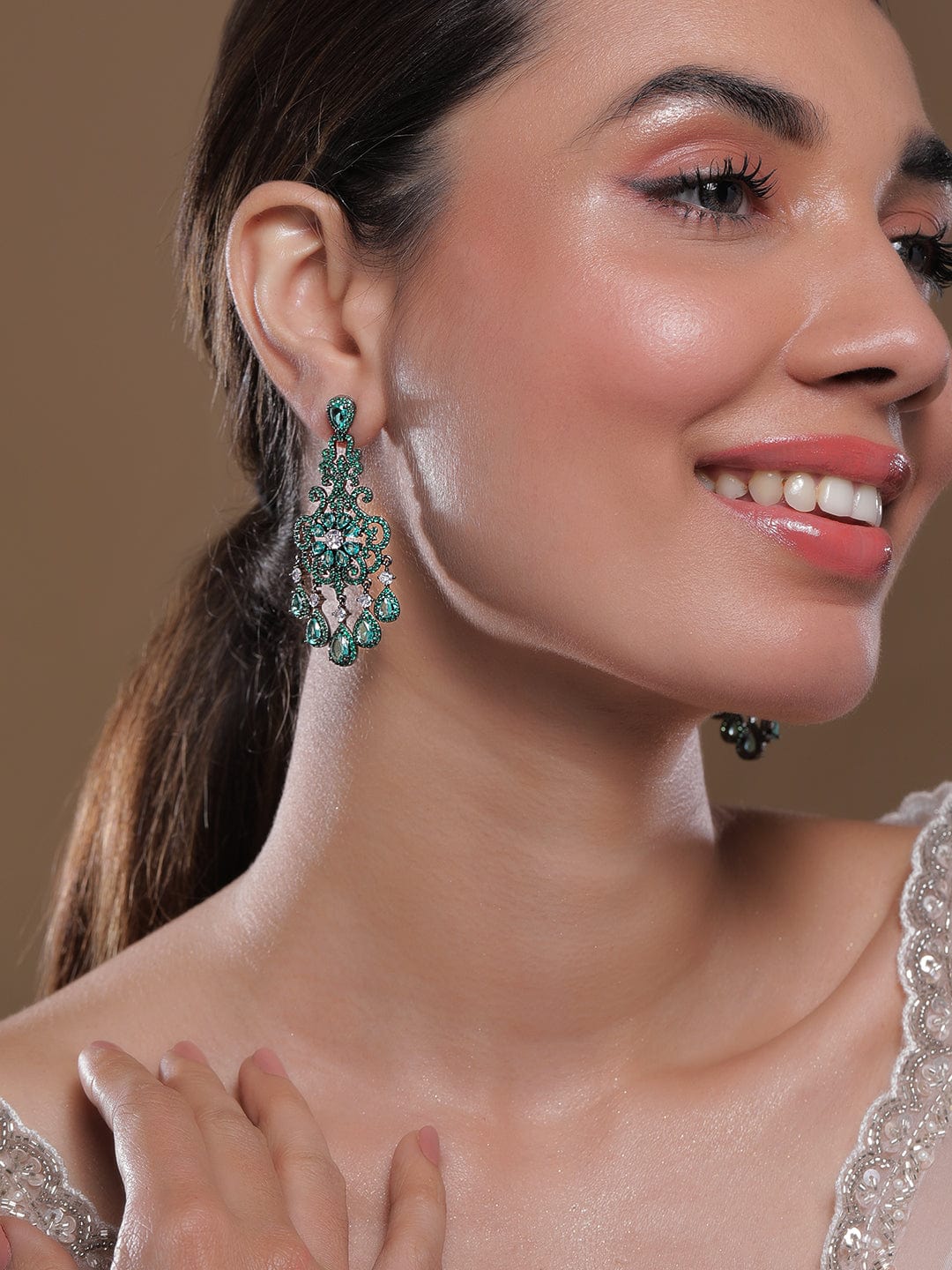 Rhodium Plated Blackish Tone Aqua & Emerald AD & Cubic Zirconia Studded Chandelier Chandbalis