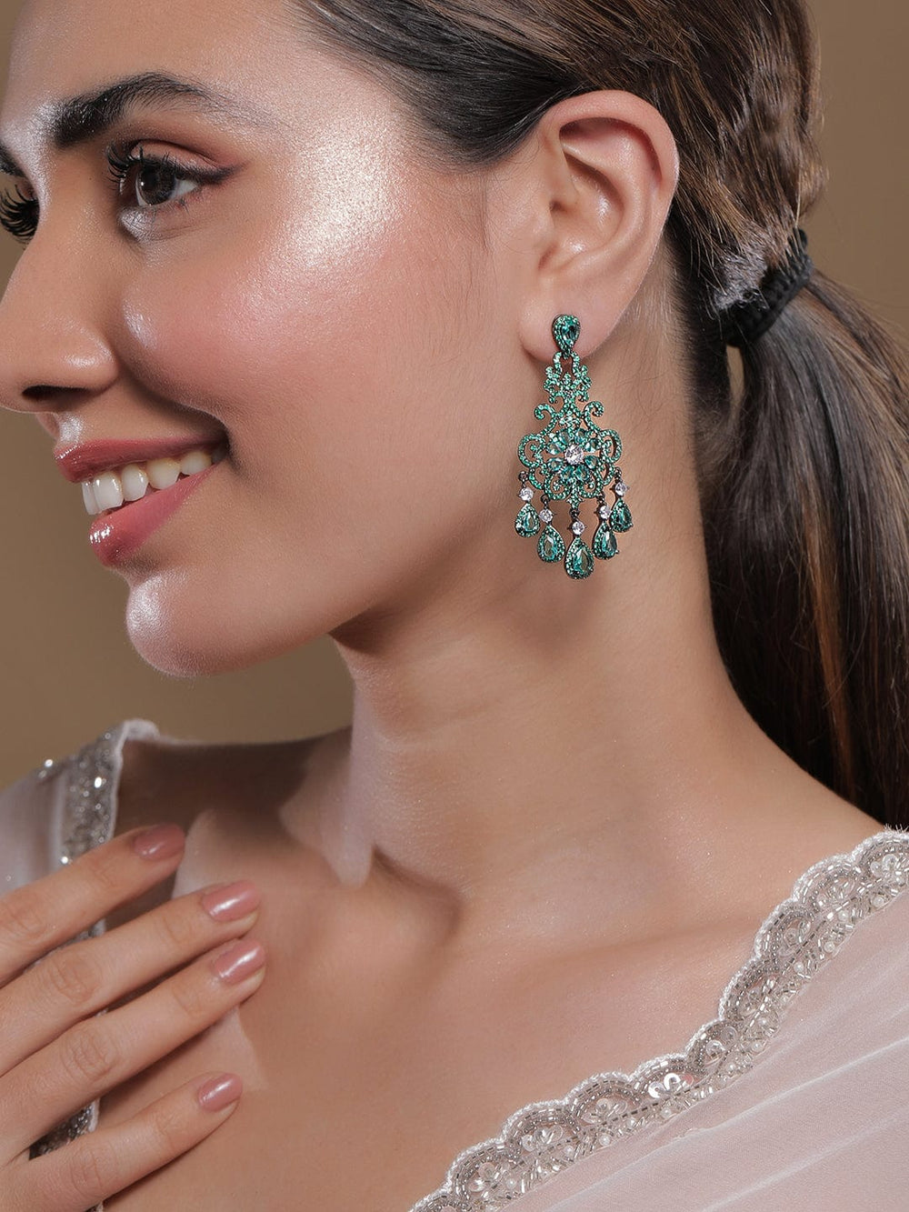 Rhodium Plated Blackish Tone Aqua & Emerald AD & Cubic Zirconia Studded Chandelier Chandbalis