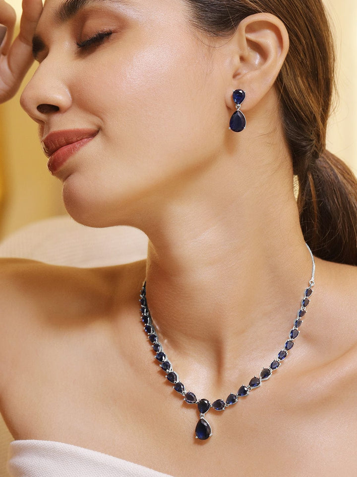 Rhodium Plated Blue Sapphire & Cubic Zirconia Studded Premium Jewelry Set Jewellery Set