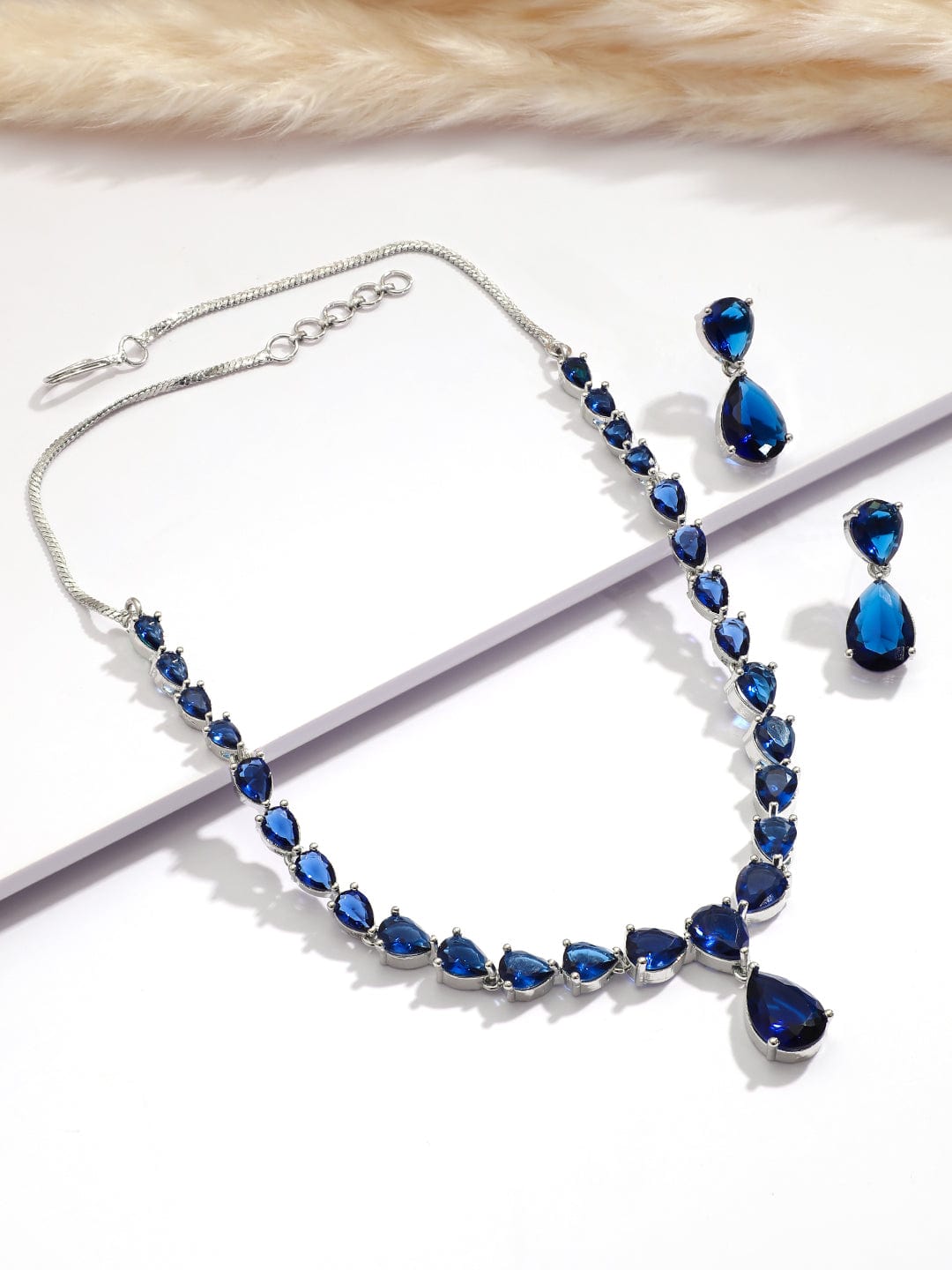 Rhodium Plated Blue Sapphire & Cubic Zirconia Studded Premium Jewelry Set Jewellery Set