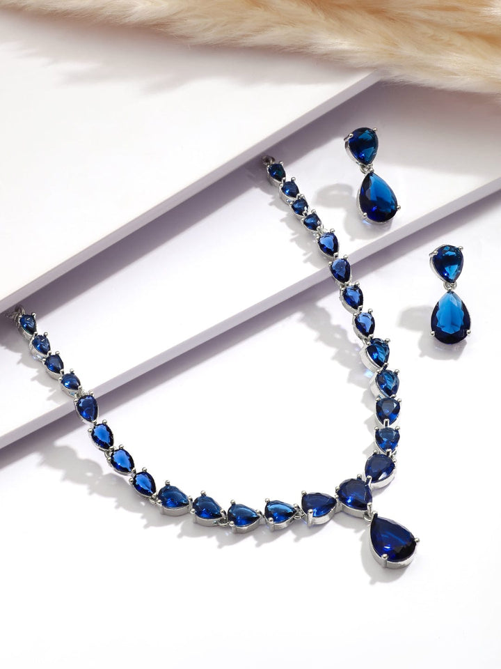 Rhodium Plated Blue Sapphire & Cubic Zirconia Studded Premium Jewelry Set Jewellery Set