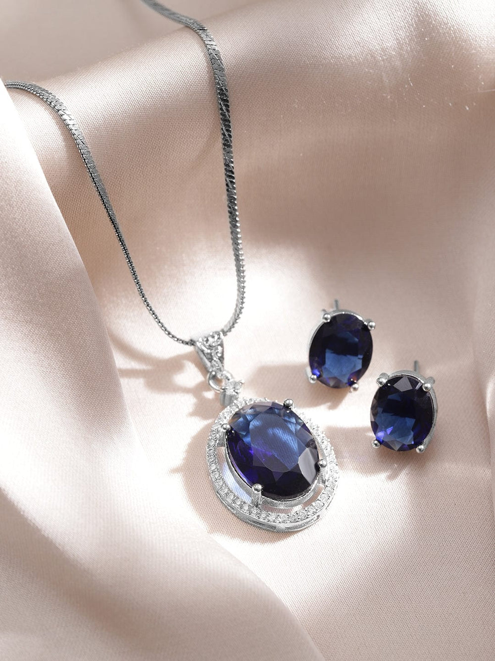 Rhodium-Plated Blue Sapphire & CZ Studded Oval Pendant Necklace Set Necklaces, Necklace Sets, Chains & Mangalsutra