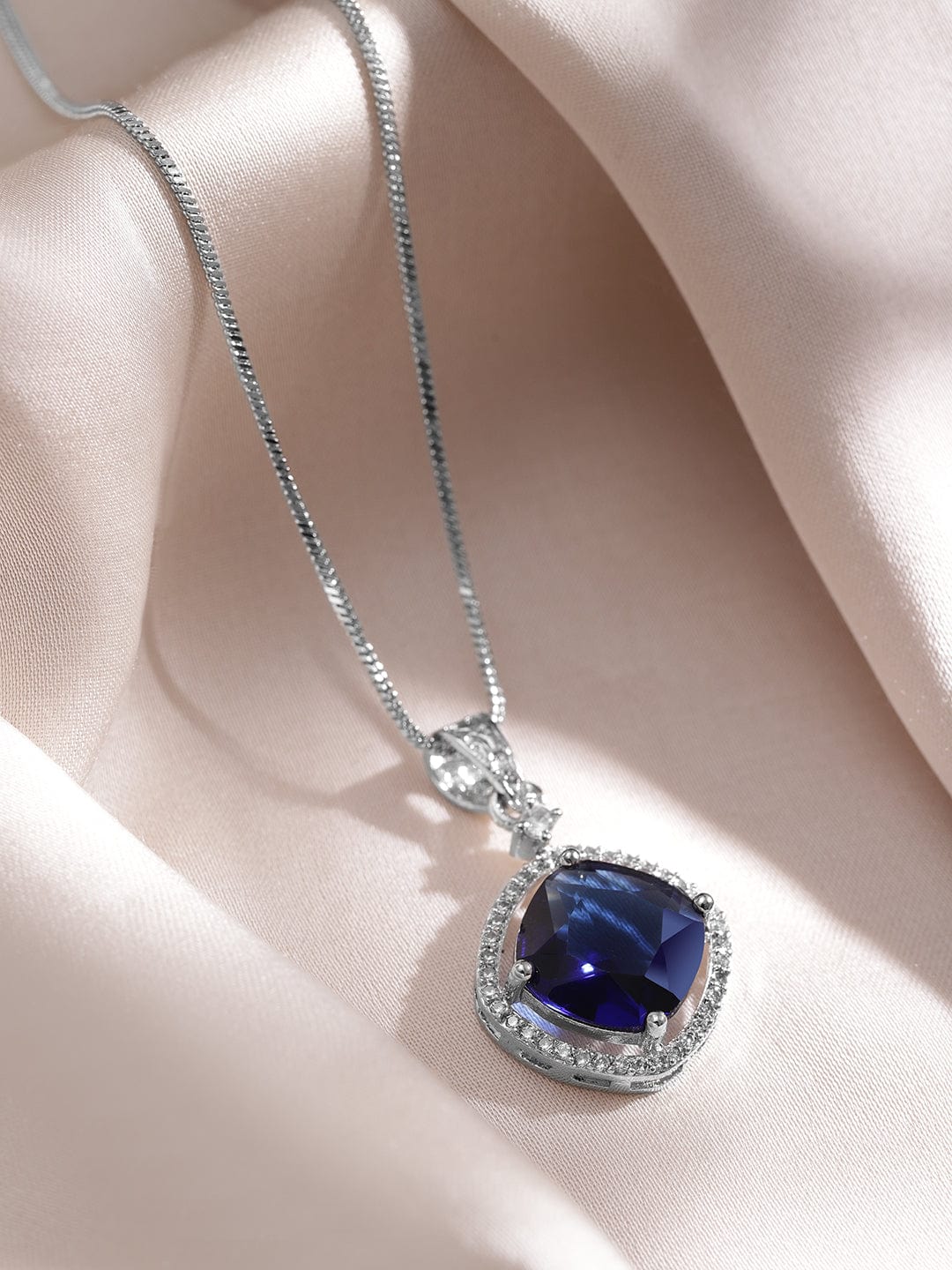 Rhodium-Plated Blue Sapphire & CZ Studded Pendant Necklace Set Necklaces, Necklace Sets, Chains & Mangalsutra