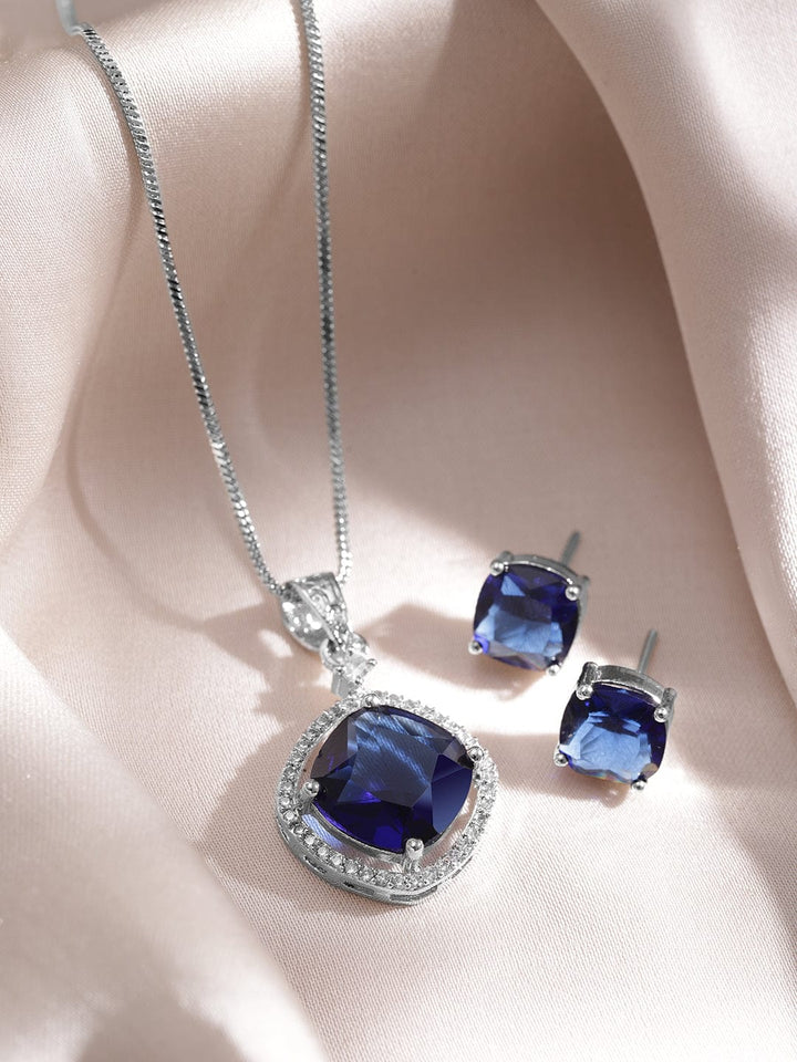 Rhodium-Plated Blue Sapphire & CZ Studded Pendant Necklace Set Necklaces, Necklace Sets, Chains & Mangalsutra