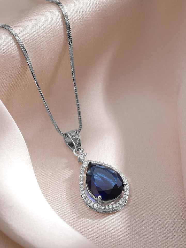 Rhodium-Plated Blue Sapphire & CZ Studded Premium Pendant Necklace Set Necklaces, Necklace Sets, Chains & Mangalsutra