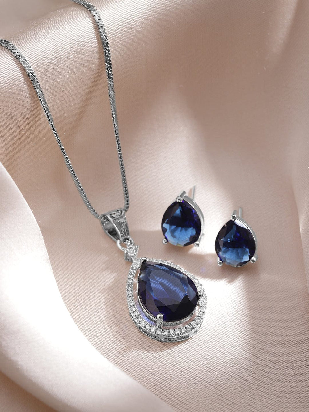 Rhodium-Plated Blue Sapphire & CZ Studded Premium Pendant Necklace Set Necklaces, Necklace Sets, Chains & Mangalsutra