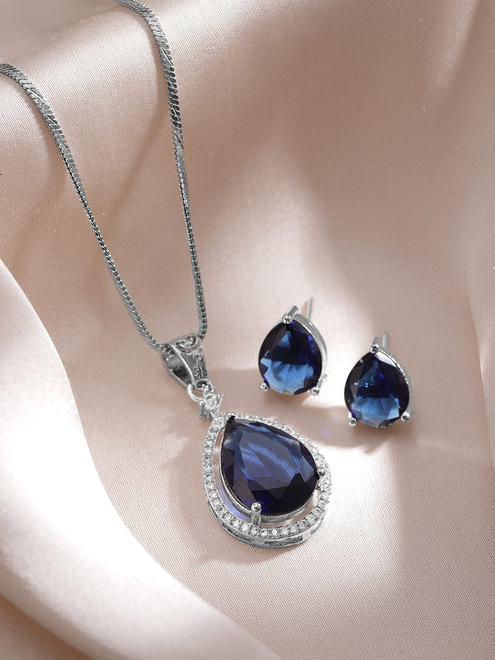 Rhodium-Plated Blue Sapphire & CZ Studded Premium Pendant Necklace Set Necklaces, Necklace Sets, Chains & Mangalsutra