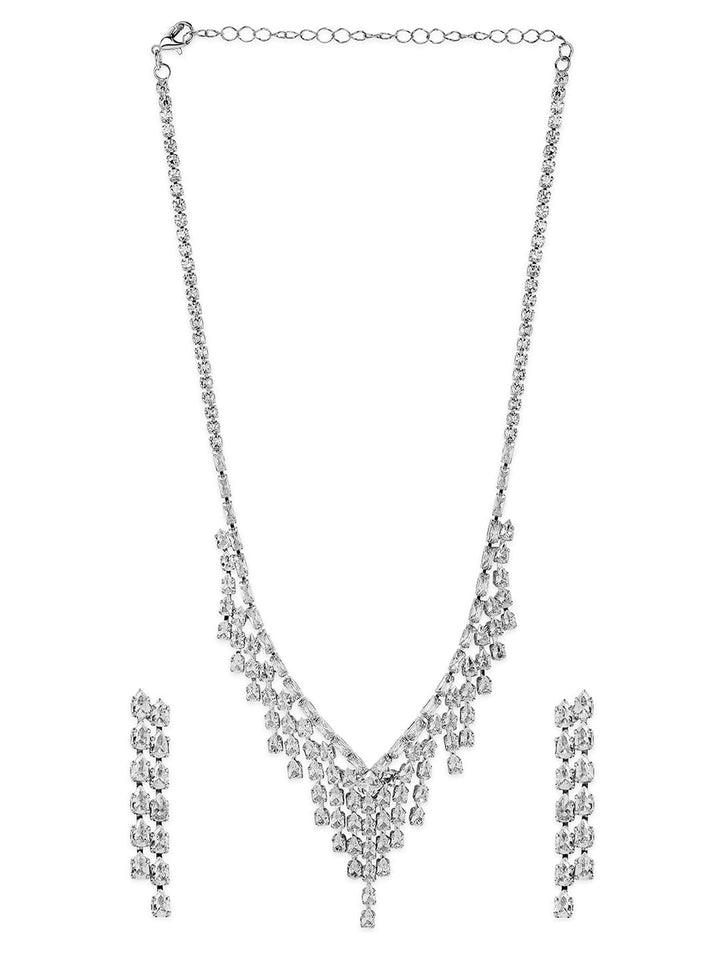 Rhodium Plated Cascading Multiple Strands AD & Cubic Zirconia Studded Necklace Set Necklace and Earrings