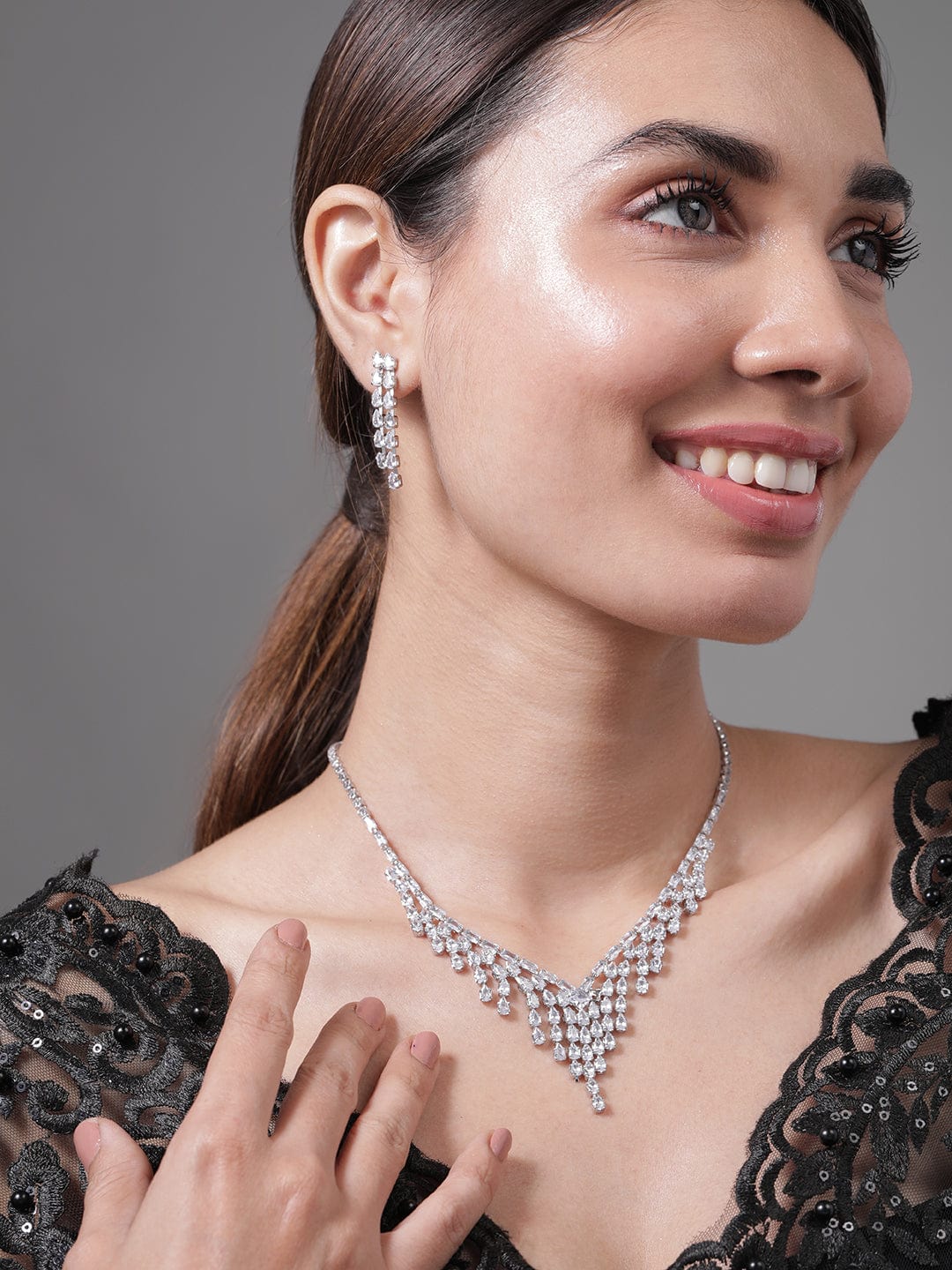 Rhodium Plated Cascading Multiple Strands AD & Cubic Zirconia Studded Necklace Set Necklace and Earrings