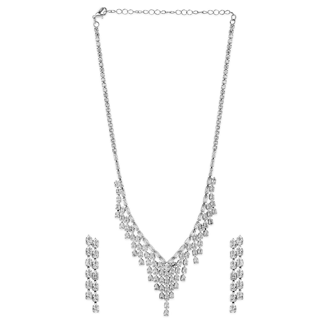 Rhodium Plated Cascading Multiple Strands AD & Cubic Zirconia Studded Necklace Set Necklace and Earrings