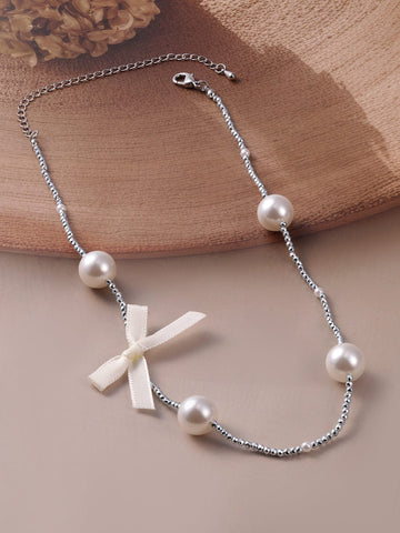 Rhodium-Plated Chain Necklace with Faux Pearls and Fabric Ribbon Bow Accent Necklace