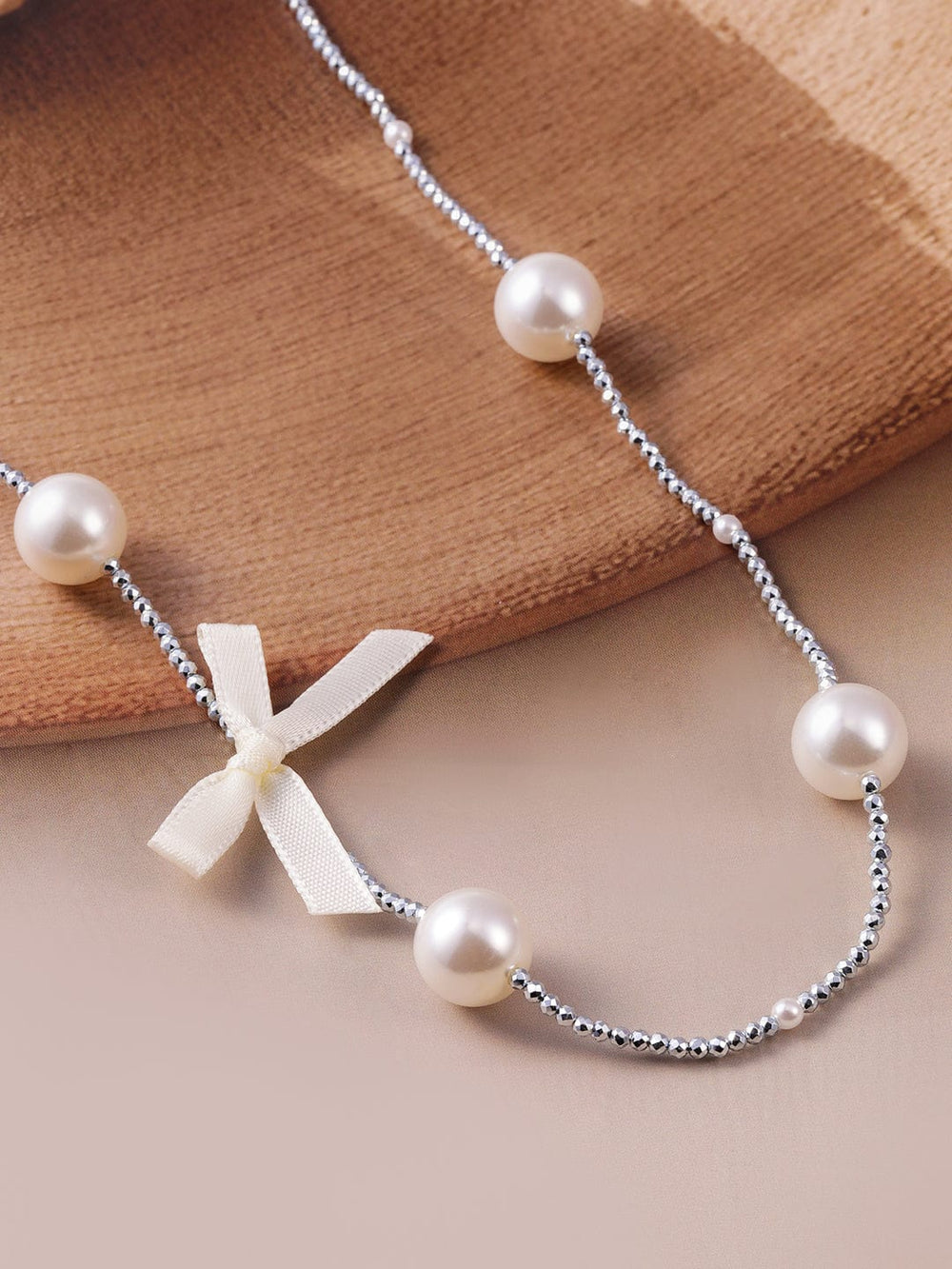 Rhodium-Plated Chain Necklace with Faux Pearls and Fabric Ribbon Bow Accent Necklace