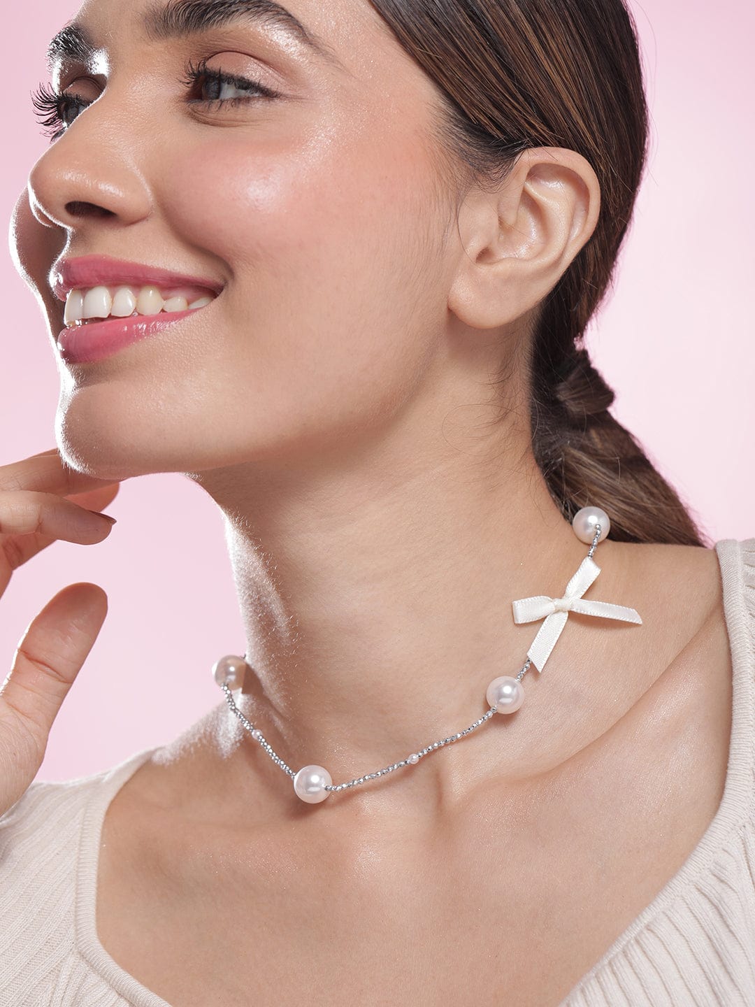 Rhodium-Plated Chain Necklace with Faux Pearls and Fabric Ribbon Bow Accent Necklace