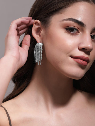 Rhodium Plated Chain Tassel Statement Drop Earrings Earrings