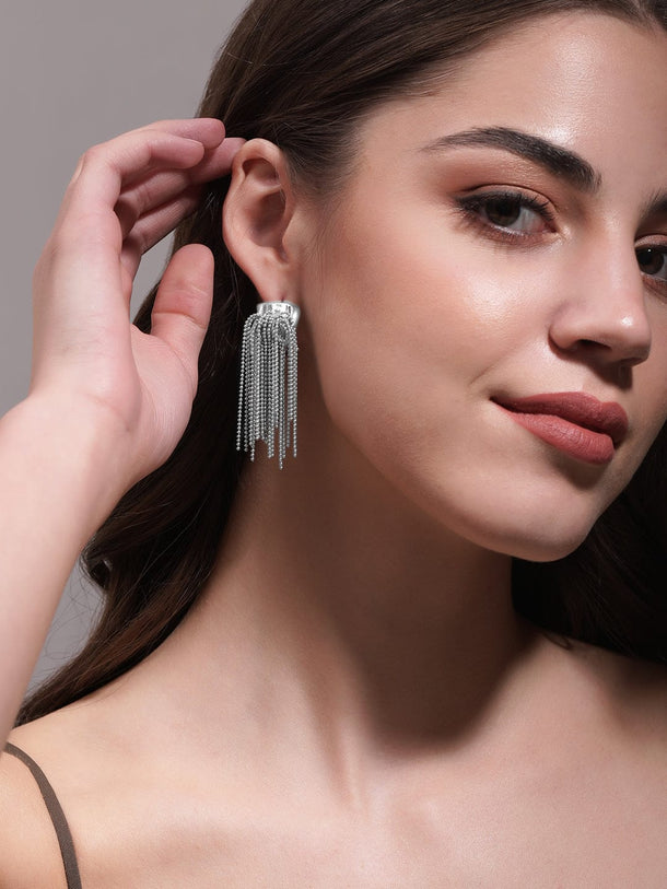 Rhodium Plated Chain Tassel Statement Drop Earrings Earrings