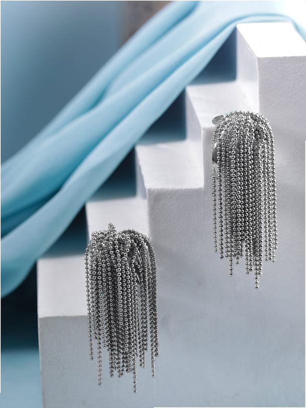 Rhodium Plated Chain Tassel Statement Drop Earrings Earrings