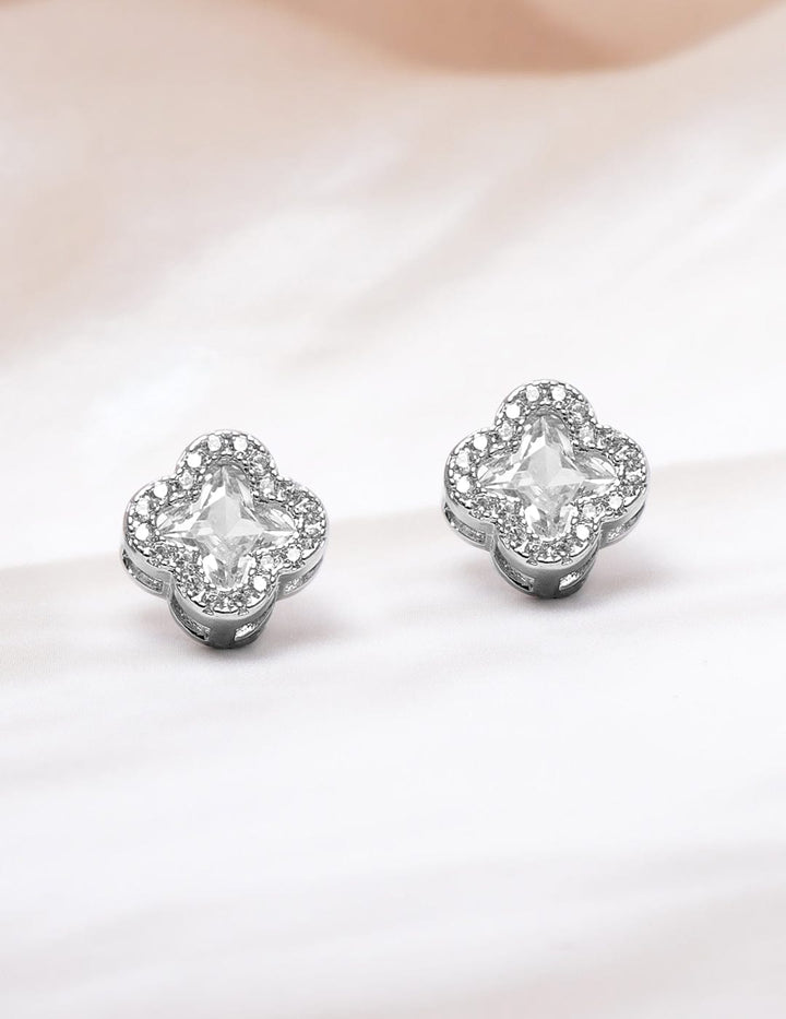 Rhodium-Plated Clover Design Cubic Zirconia Stud Earrings Studs