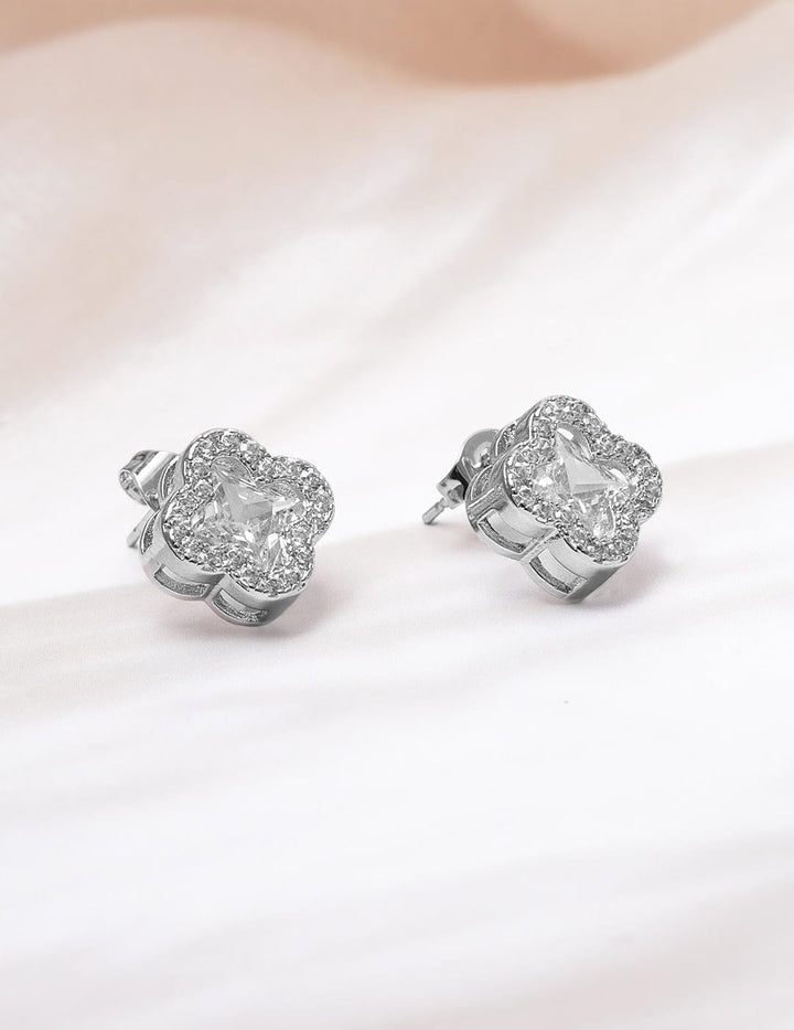 Rhodium-Plated Clover Design Cubic Zirconia Stud Earrings Studs