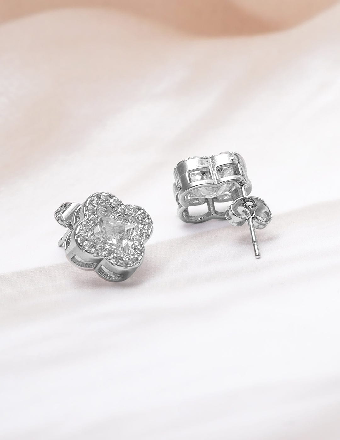 Rhodium-Plated Clover Design Cubic Zirconia Stud Earrings Studs