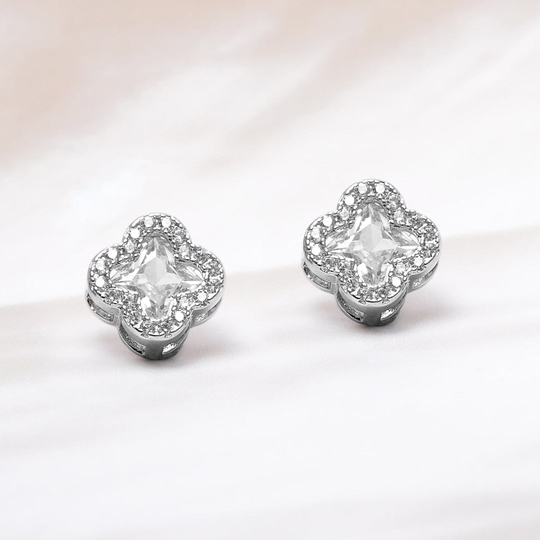 Rhodium-Plated Clover Design Cubic Zirconia Stud Earrings Studs