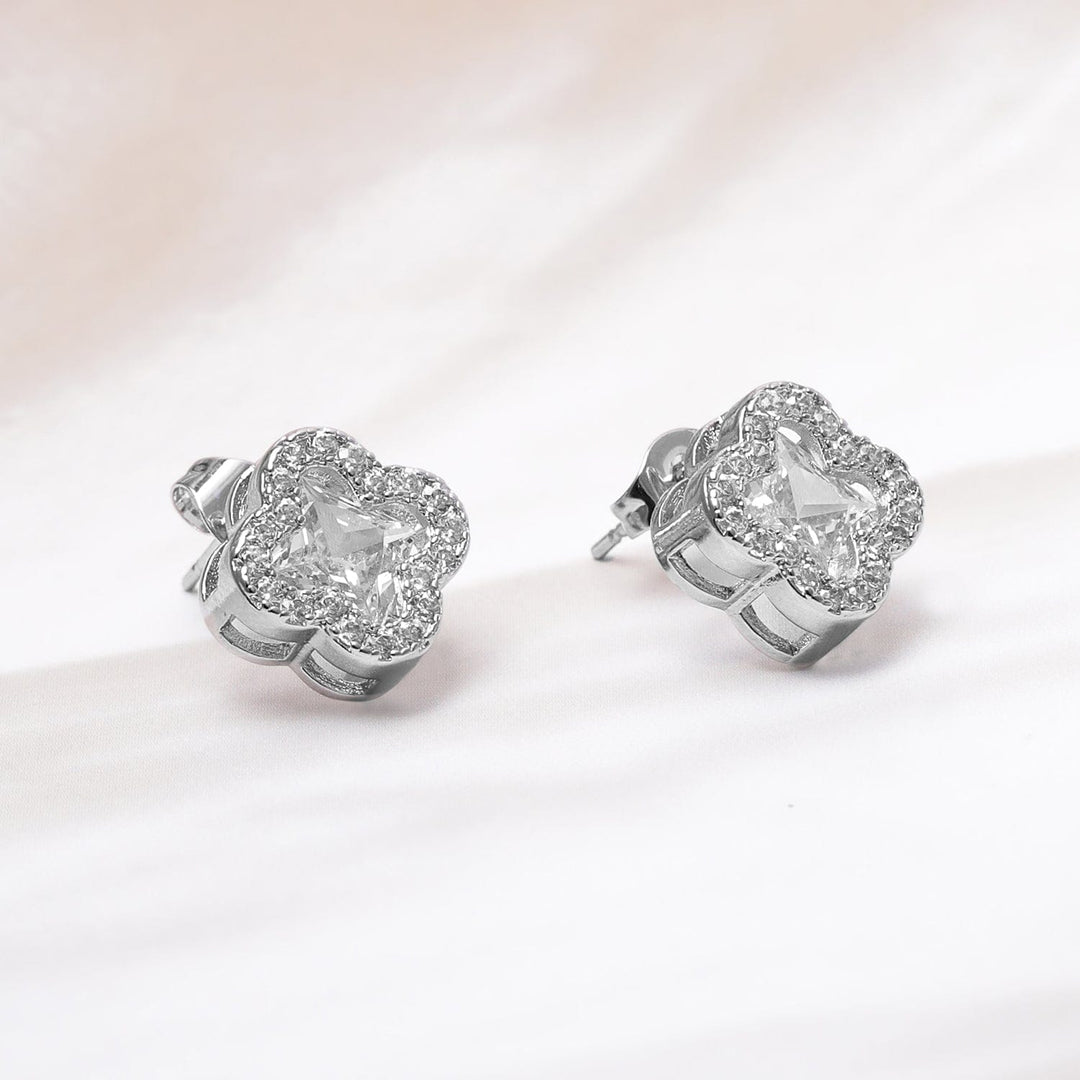 Rhodium-Plated Clover Design Cubic Zirconia Stud Earrings Studs