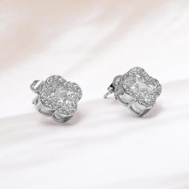 Rhodium-Plated Clover Design Cubic Zirconia Stud Earrings Studs