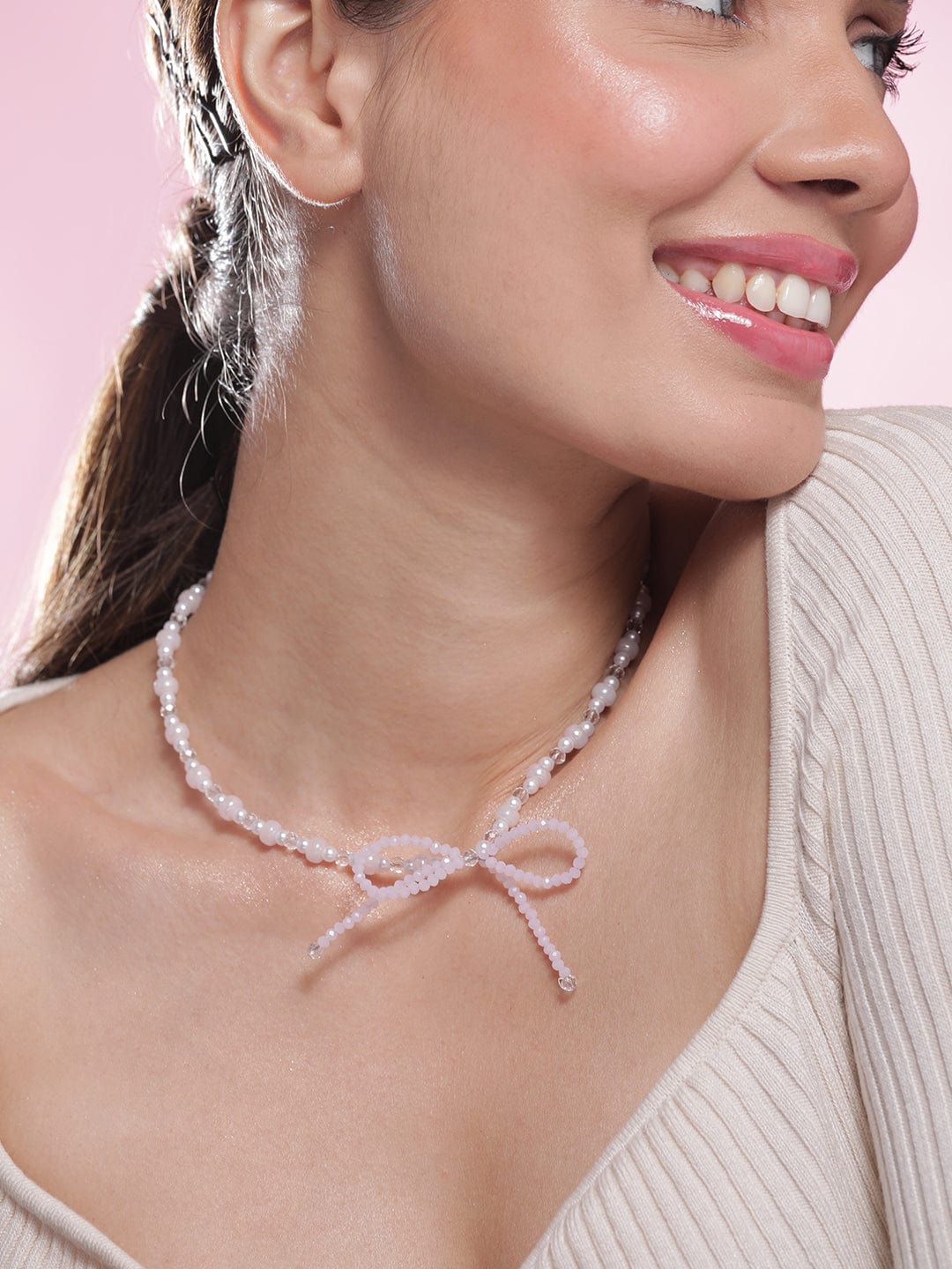 Rhodium Plated Cream Bow Pendant with Beads Necklace Necklace