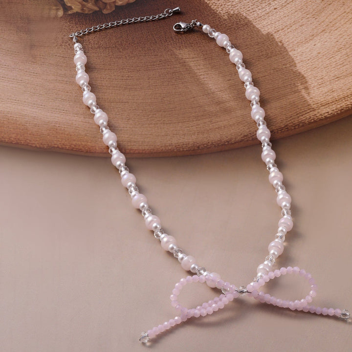 Rhodium Plated Cream Bow Pendant with Beads Necklace Necklace