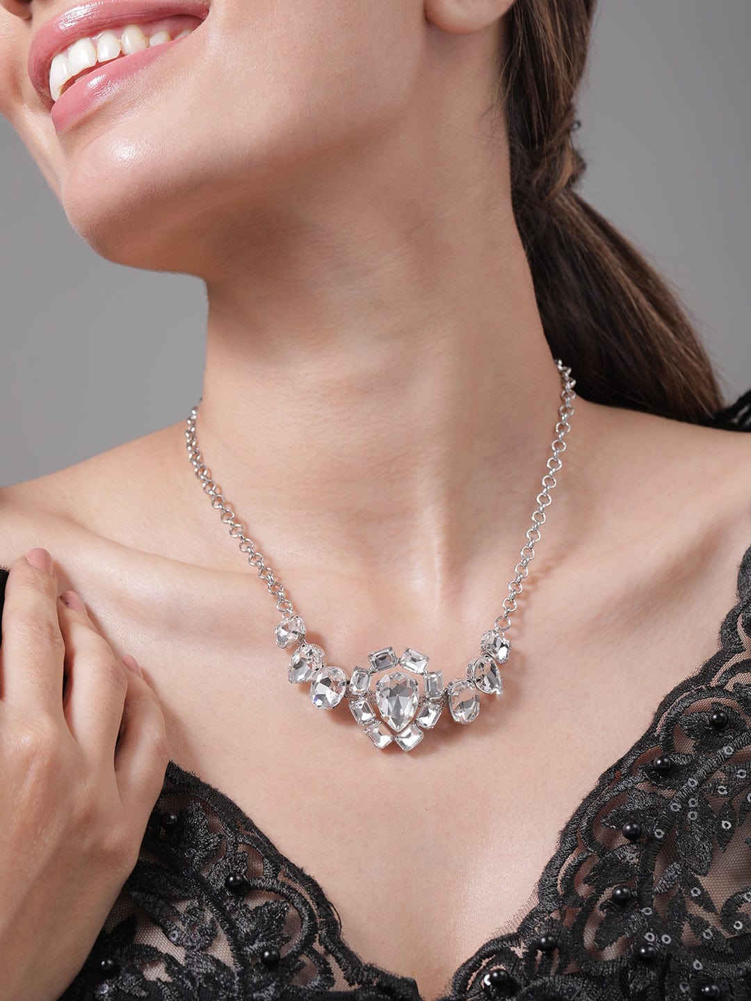 Rhodium Plated Crystal AD & Cubic Zirconia Studded Luxurious Choker Necklace Necklace