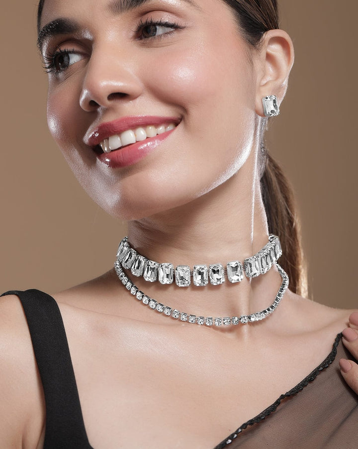 Rhodium Plated Crystal AD & Cubic Zirconia Studded Luxurious Necklace Set Necklace Set