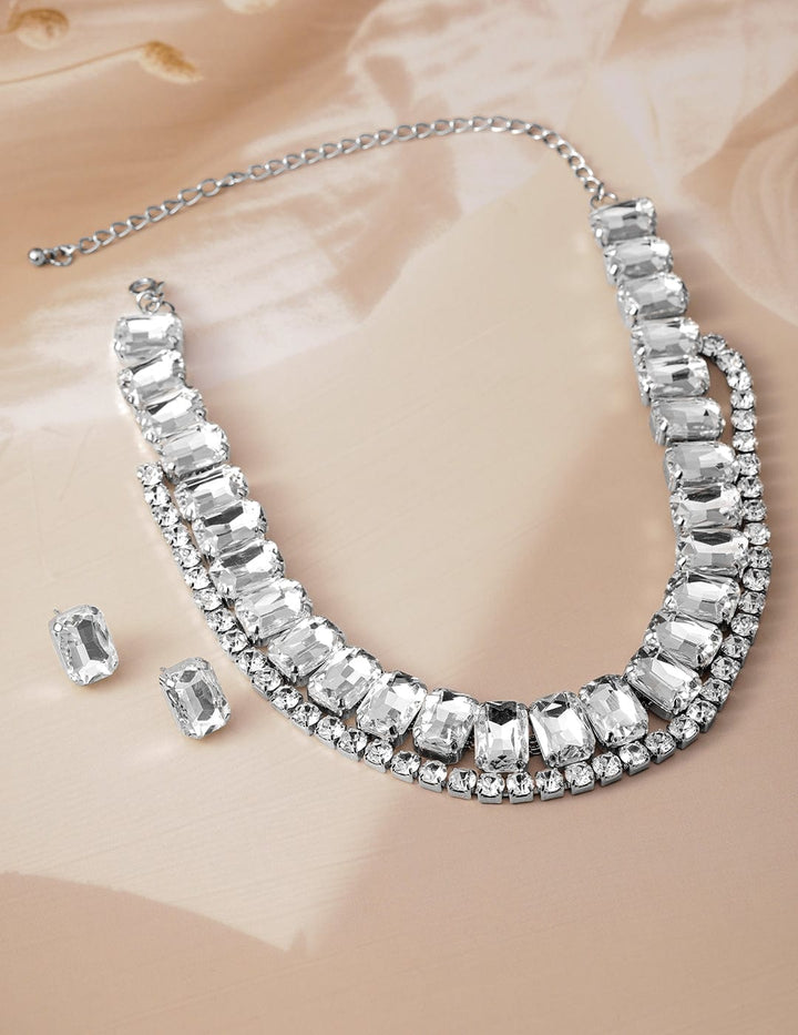 Rhodium Plated Crystal AD & Cubic Zirconia Studded Luxurious Necklace Set Necklace Set