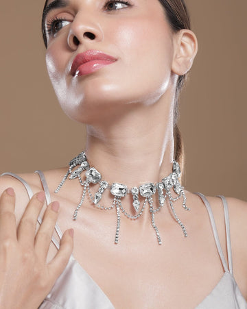 Rhodium-Plated Crystal AD & Zirconia Studded Cascading Fringe Layered Necklace Necklace & Chains