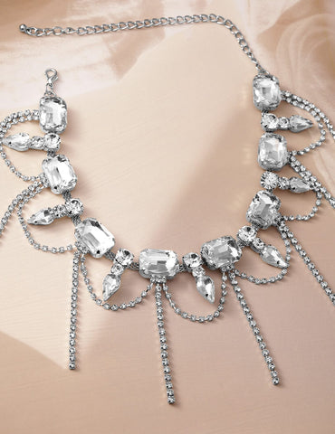 Rhodium-Plated Crystal AD & Zirconia Studded Cascading Fringe Layered Necklace Necklace & Chains