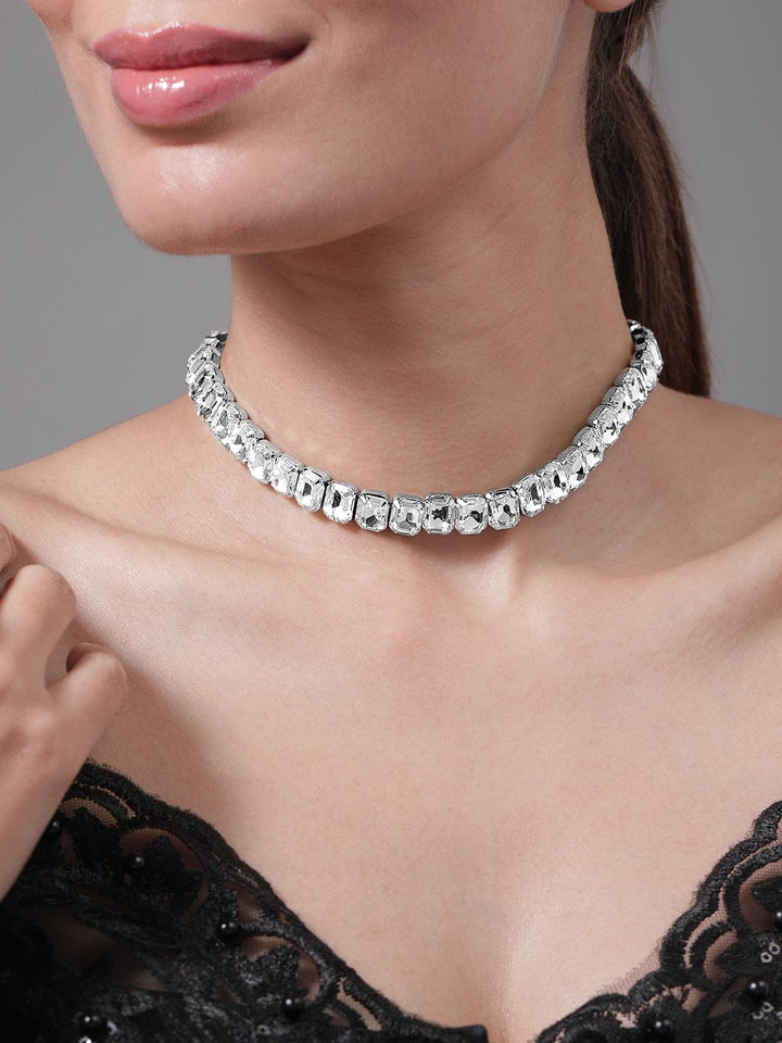 Rhodium Plated Crystal AD & Zirconia Studded Luxurious Choker Necklace Necklace