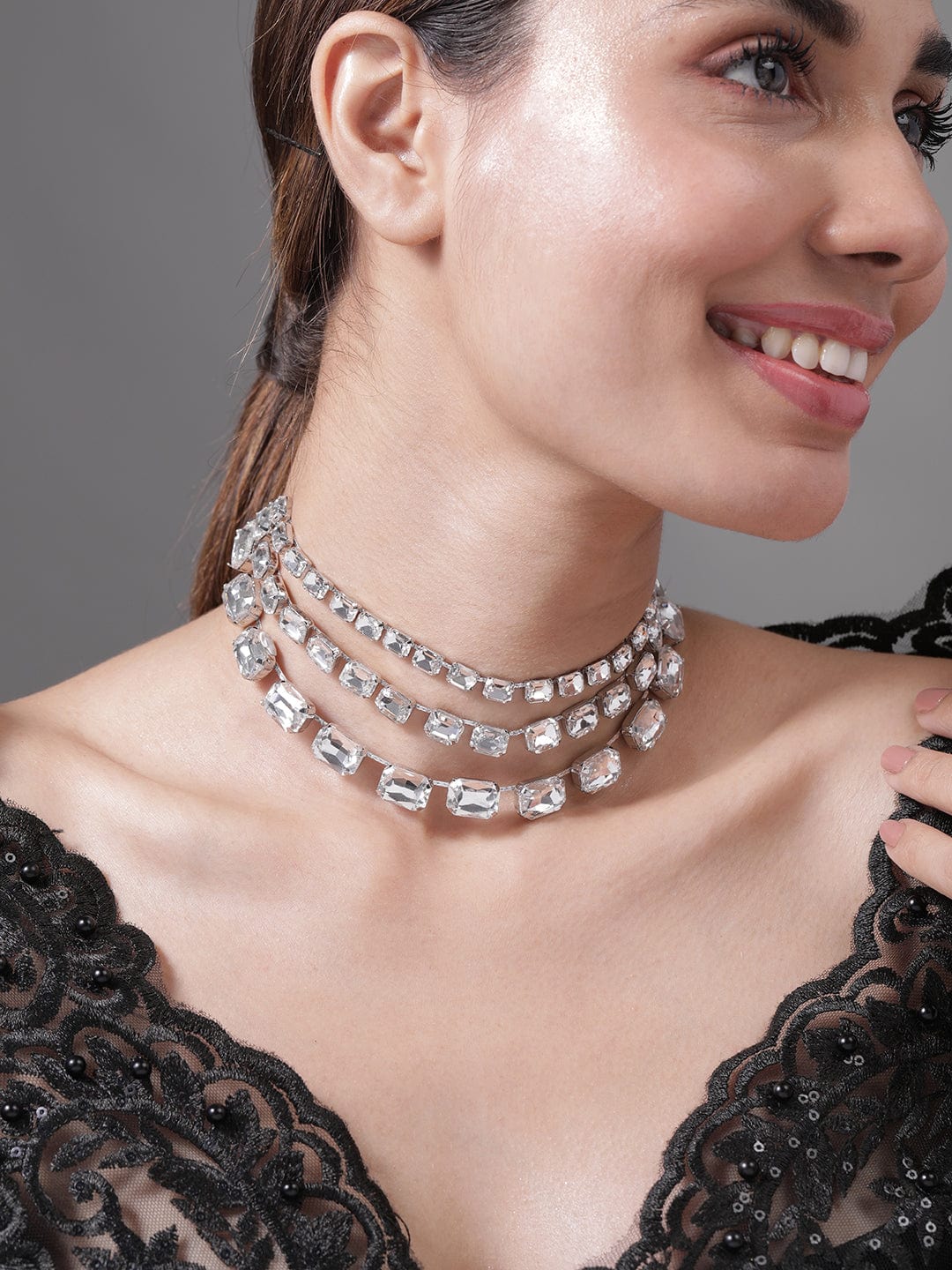 Rhodium Plated Crystal AD & Zirconia Studded Luxurious Multilayer Necklace Necklace