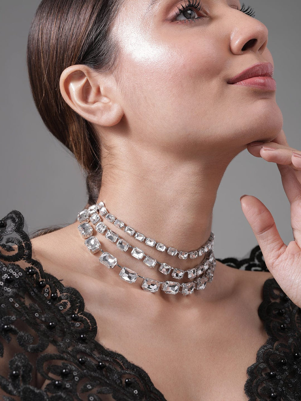 Rhodium Plated Crystal AD & Zirconia Studded Luxurious Multilayer Necklace Necklace