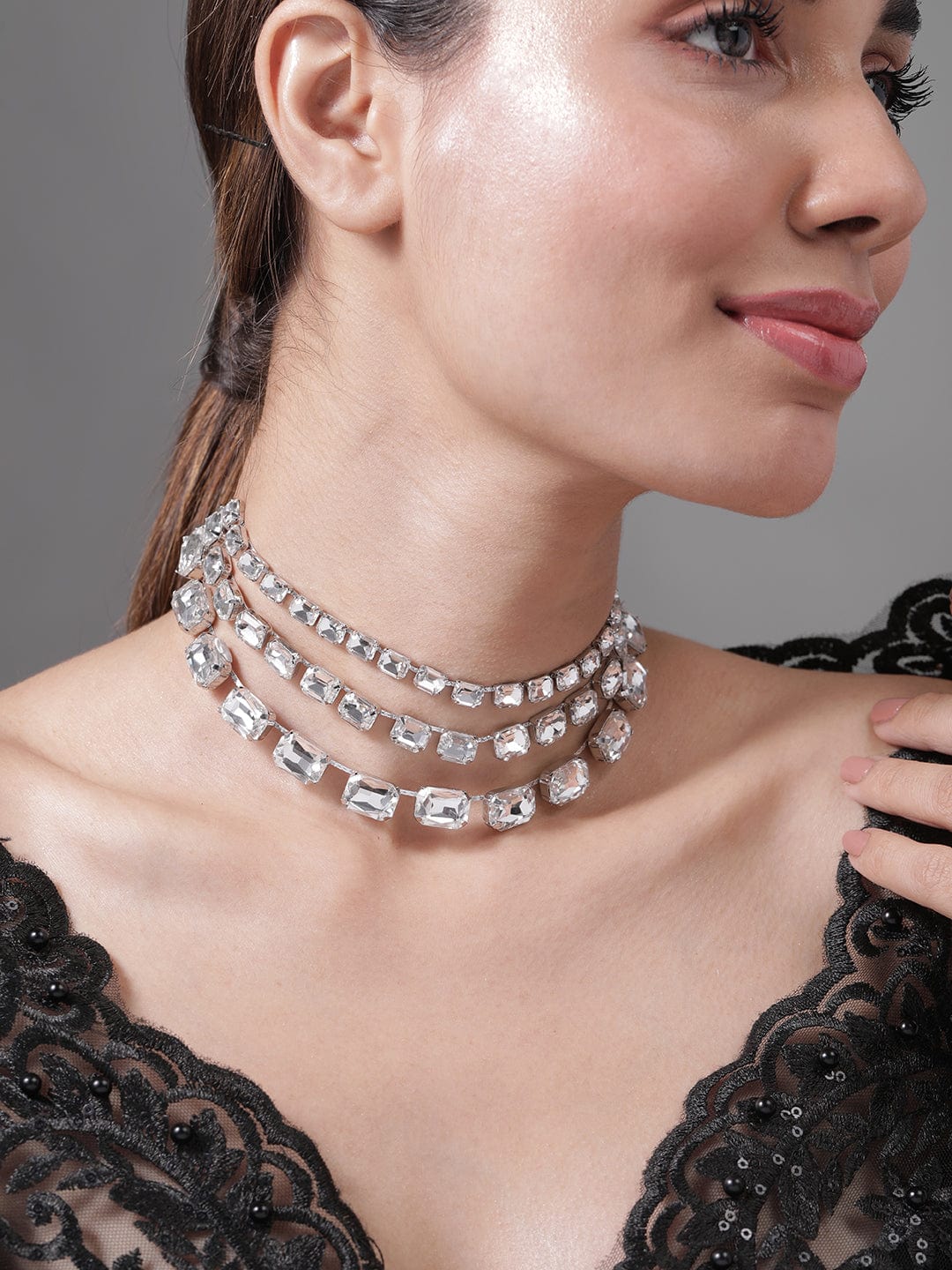 Rhodium Plated Crystal AD & Zirconia Studded Luxurious Multilayer Necklace Necklace