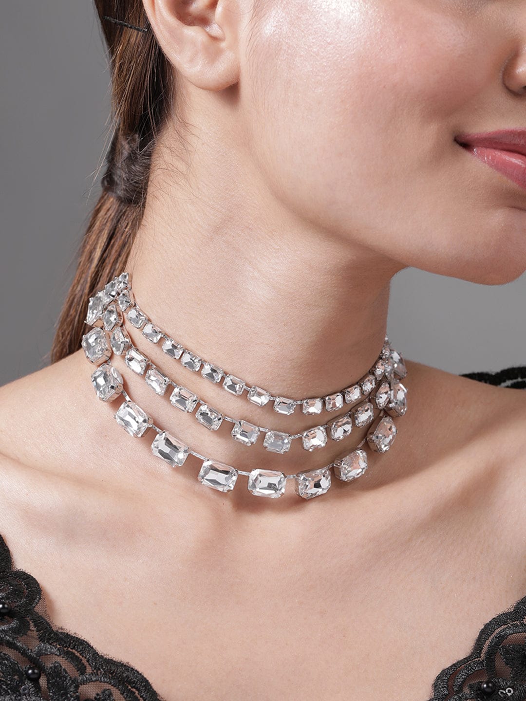 Rhodium Plated Crystal AD & Zirconia Studded Luxurious Multilayer Necklace Necklace