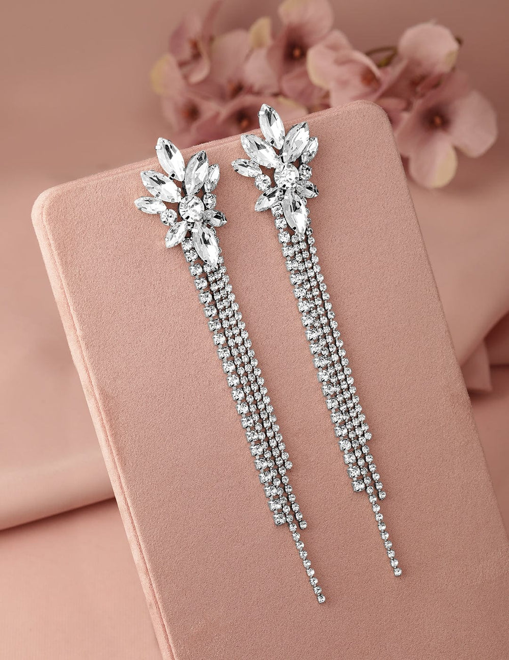 Rhodium Plated Crystal AD & Zirconia Studded Multi-Layer Shoulder Duster Drop Earrings Drop Earring