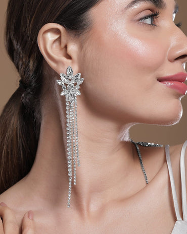 Rhodium Plated Crystal AD & Zirconia Studded Multi-Layer Shoulder Duster Drop Earrings Earrings