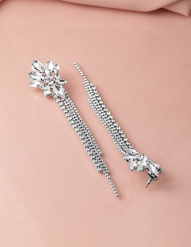 Rhodium Plated Crystal AD & Zirconia Studded Multi-Layer Shoulder Duster Drop Earrings Earrings