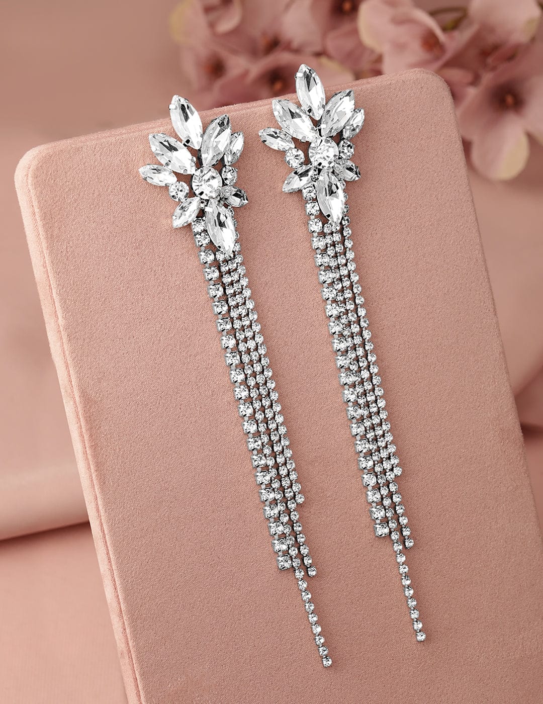 Rhodium Plated Crystal AD & Zirconia Studded Multi-Layer Shoulder Duster Drop Earrings Earrings