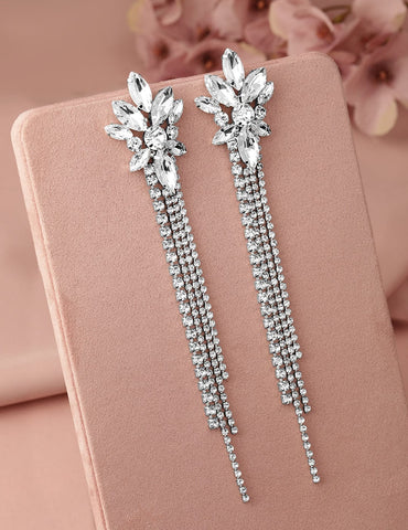 Rhodium Plated Crystal AD & Zirconia Studded Multi-Layer Shoulder Duster Drop Earrings Earrings