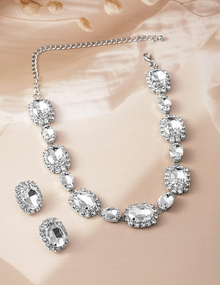 Rhodium Plated Crystal AD & Zirconia Studded Regal Statement Necklace Set Necklace Set