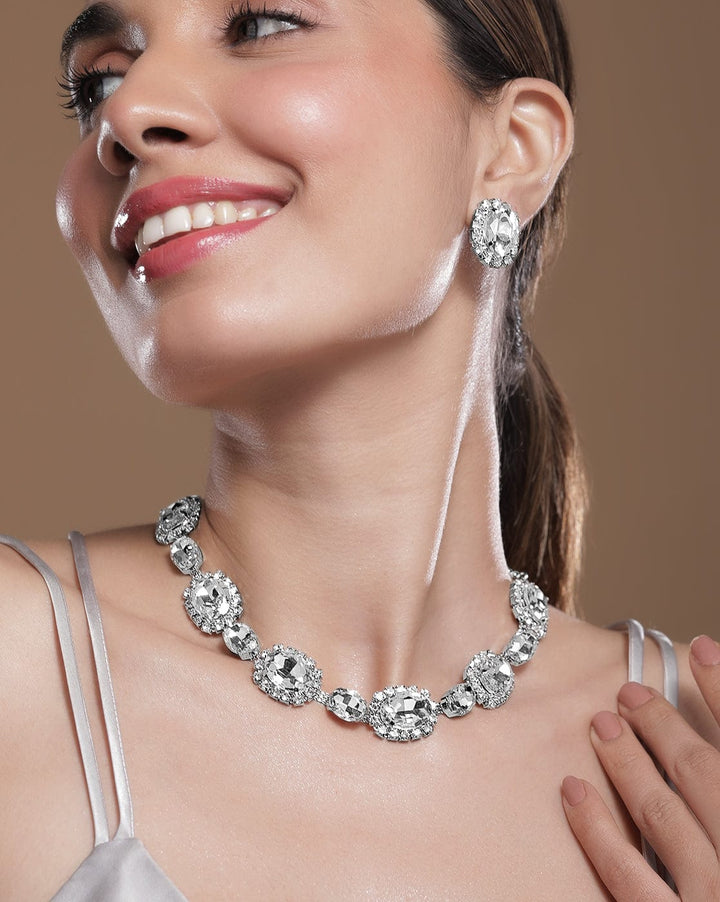 Rhodium Plated Crystal AD & Zirconia Studded Regal Statement Necklace Set Necklace Set